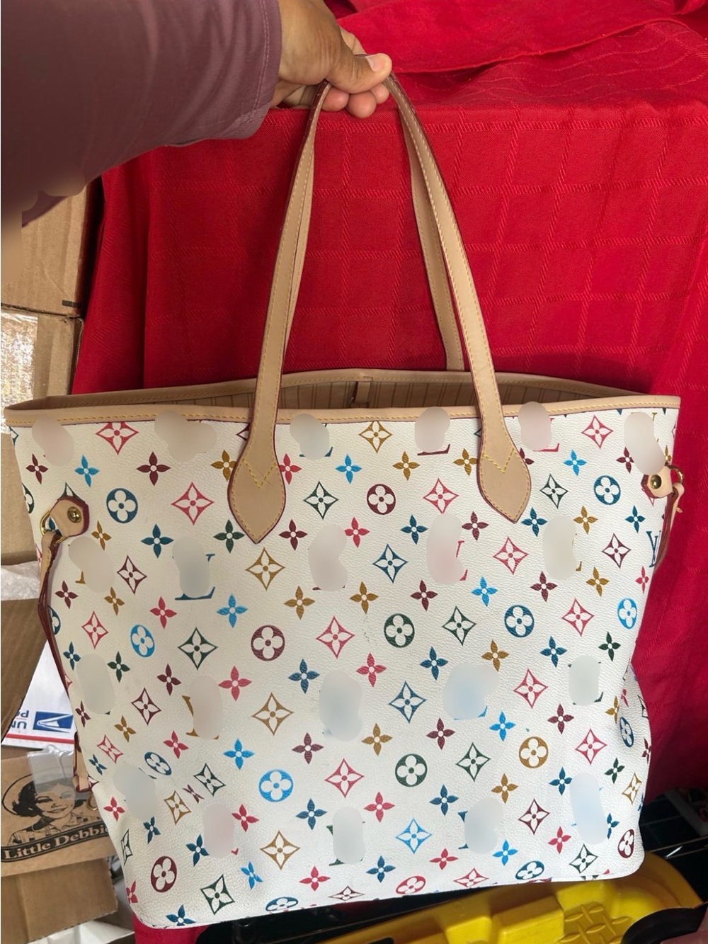 White Multicolor Monogram Tote with Tan Handles